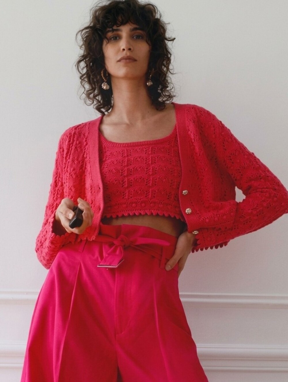 ZARA Pointelle Open Knit Cardigan Sweater with Jewel Buttons Pink Cropped Size M